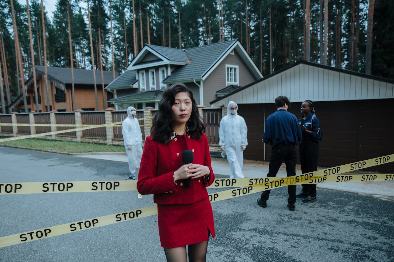 services-01 Journalist reporting from a crime scene with STOP tape and forensic team in the background.